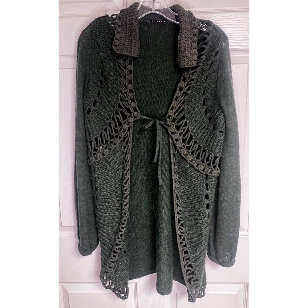 Sisley Green Crochet Tie Front Cardigan Sweater Small S Alpaca